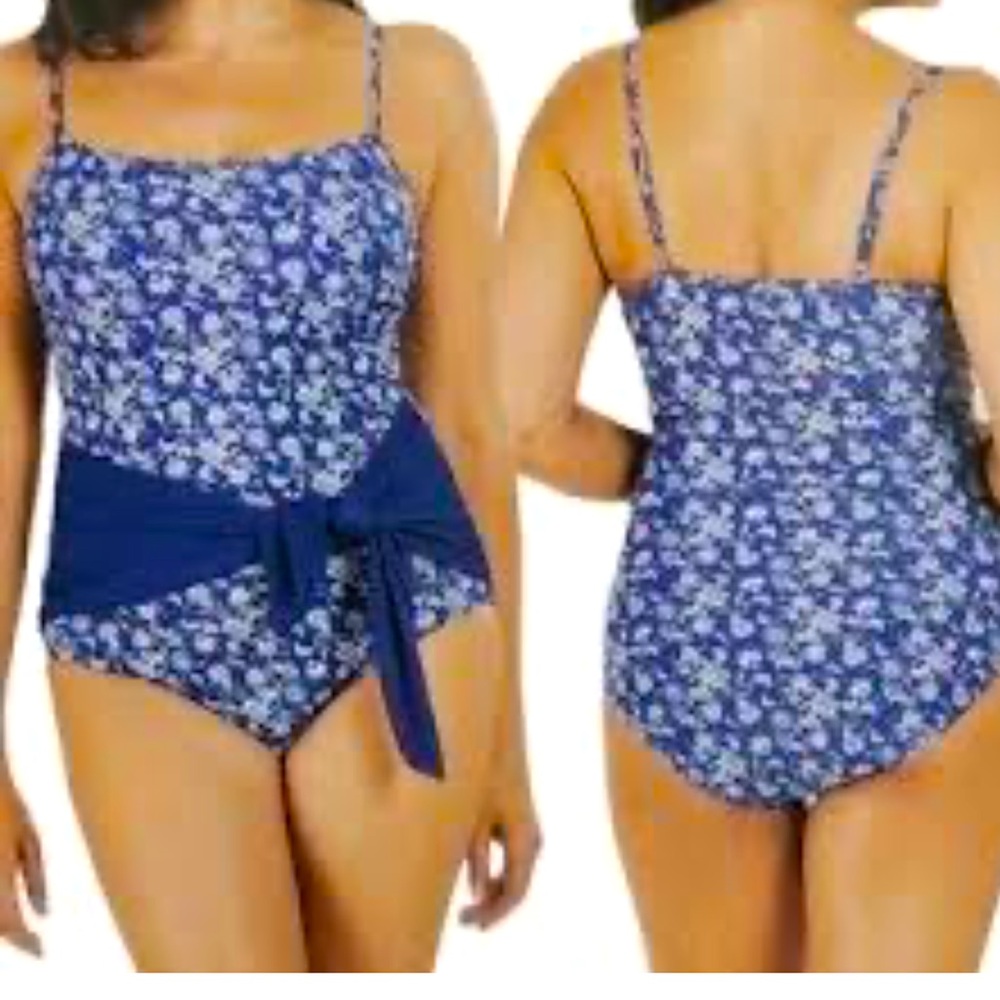 New! Carole Hochman Women Swimsuit Tie Waist‎ Paisley Lined Blue White Large